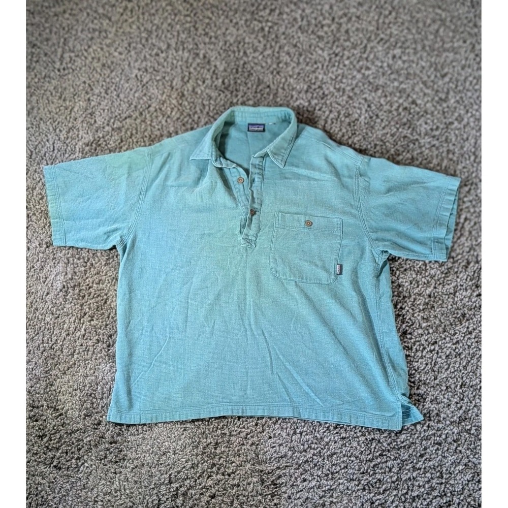 Patagonia Men's Organic Cotton Seersucker Shirt Teal  Slub Pocket Hiking